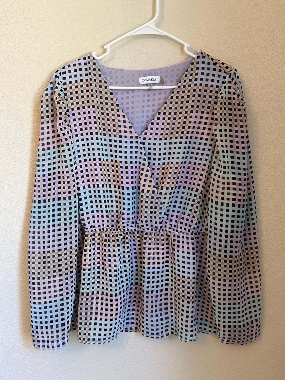 Calvin Klein Women's Plus Size Pastel Checkered Chiffon Faux Wrap Blouse